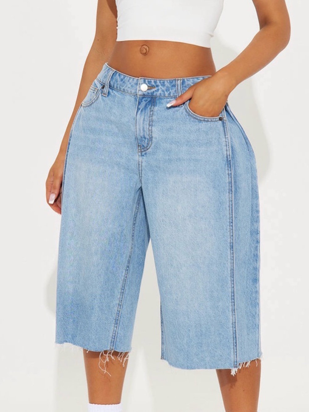 Light Blue Boyfriend Denim Bermuda Shorts - Women Jeans